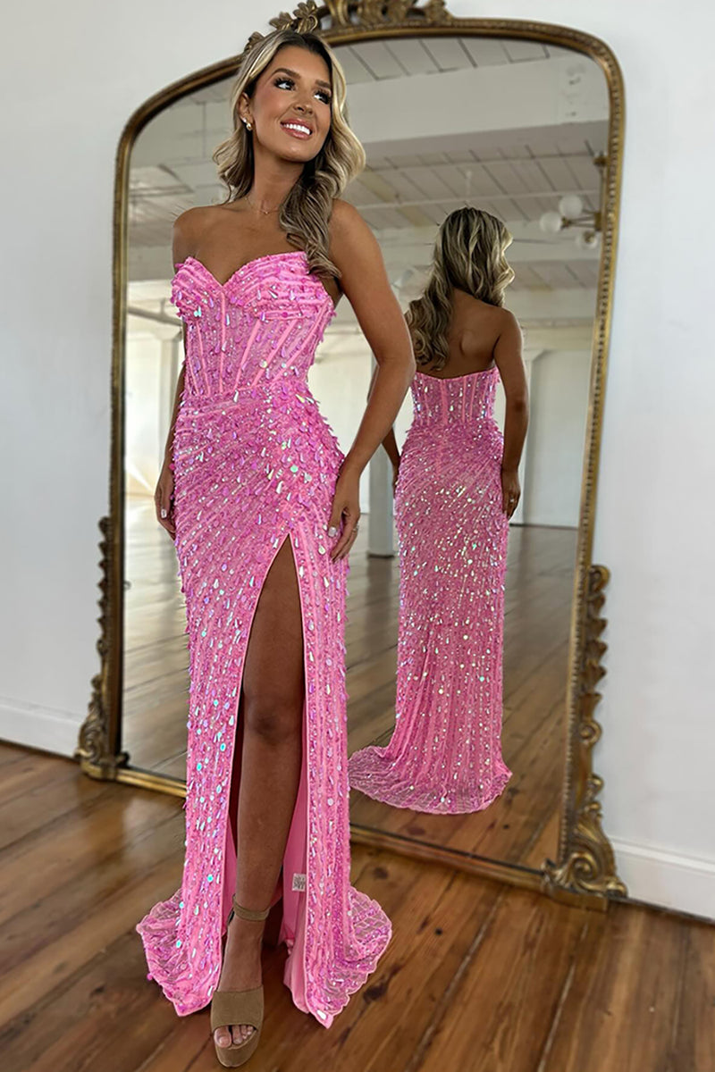 Load image into Gallery viewer, Sparkly Gold Strapless Sequins Long Corset Prom Dress with Slit