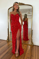 Load image into Gallery viewer, Women Sparkly Red Seqiun Long Corset Prom Dress with Slit Strapless Sheath Formal Dress