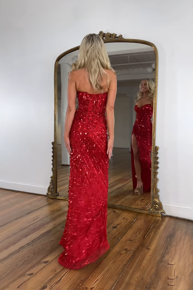 Load image into Gallery viewer, Sparkly Gold Strapless Sequins Long Corset Prom Dress with Slit