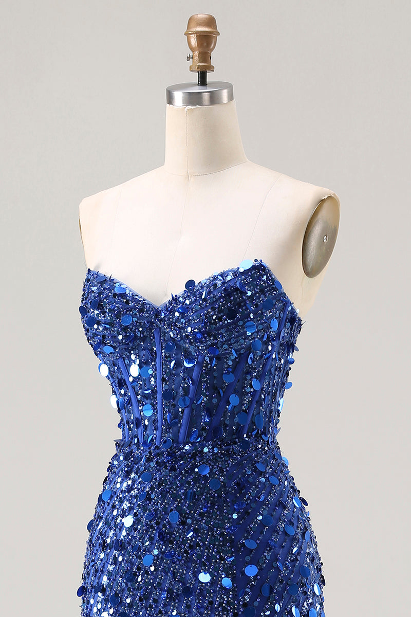 Load image into Gallery viewer, Sparkly Silver Mermaid Corset Long Sequin Prom Dress with Slit