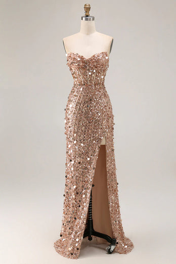 Sparkly Fuchsia Strapless Sequins Long Corset Prom Dress with Slit