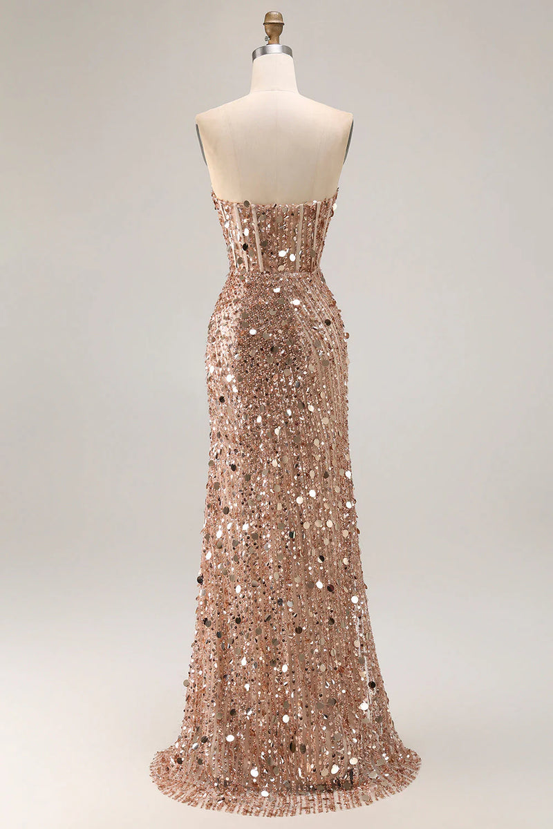 Load image into Gallery viewer, Sparkly Fuchsia Strapless Sequins Long Corset Prom Dress with Slit