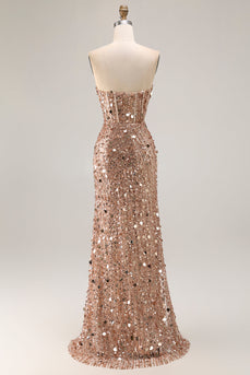 Sparkly Champagne Beaded Long Corset Prom Dress with Slit