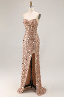 Load image into Gallery viewer, Sparkly Mermaid Golden Long Corset Prom Dress with Slit