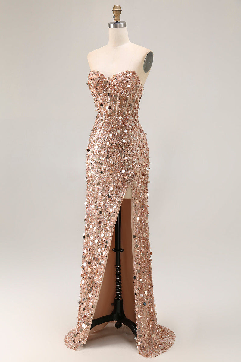 Load image into Gallery viewer, Sparkly Mermaid Golden Long Corset Prom Dress with Slit