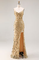 Load image into Gallery viewer, Sparkly Champagne Beaded Long Corset Prom Dress with Slit