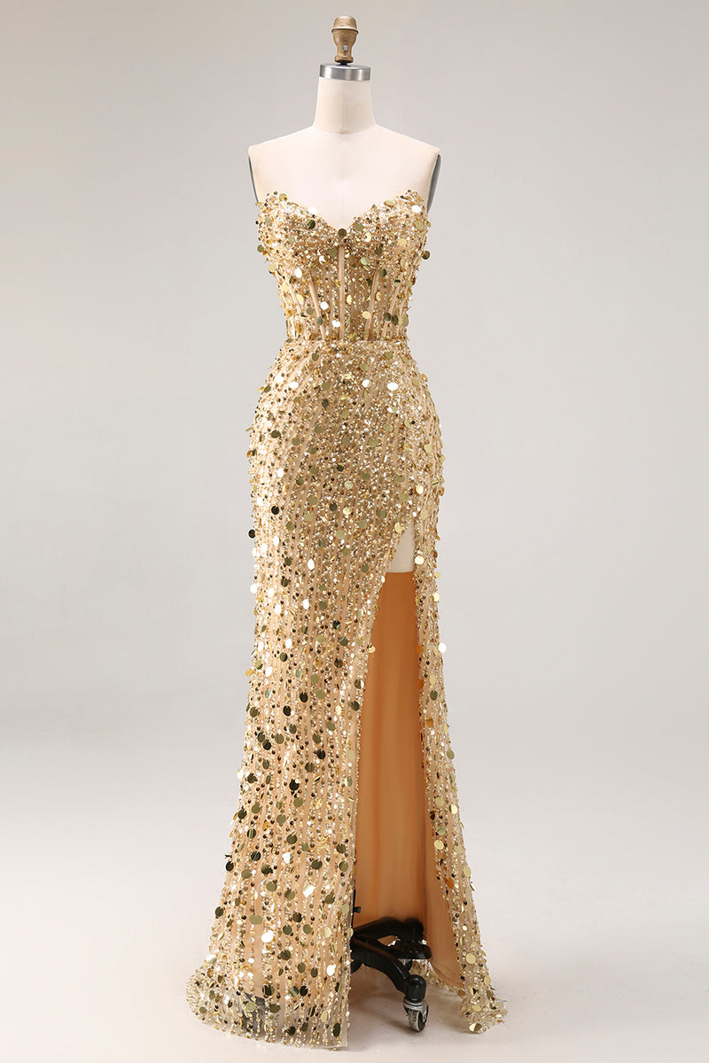 Load image into Gallery viewer, Sparkly Champagne Beaded Long Corset Prom Dress with Slit