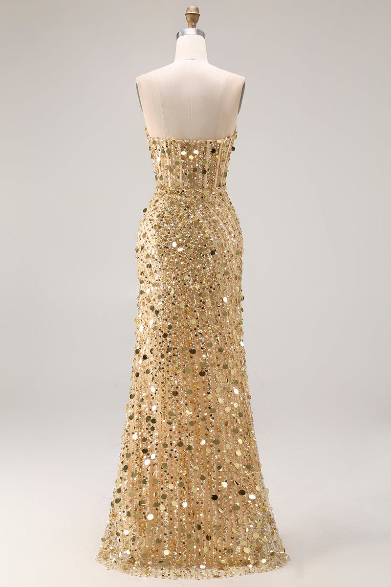 Load image into Gallery viewer, Sparkly Mermaid Golden Long Corset Prom Dress with Slit