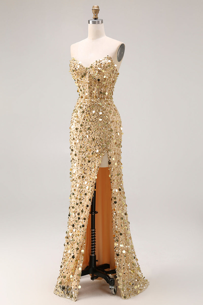 Load image into Gallery viewer, Sparkly Mermaid Golden Long Corset Prom Dress with Slit