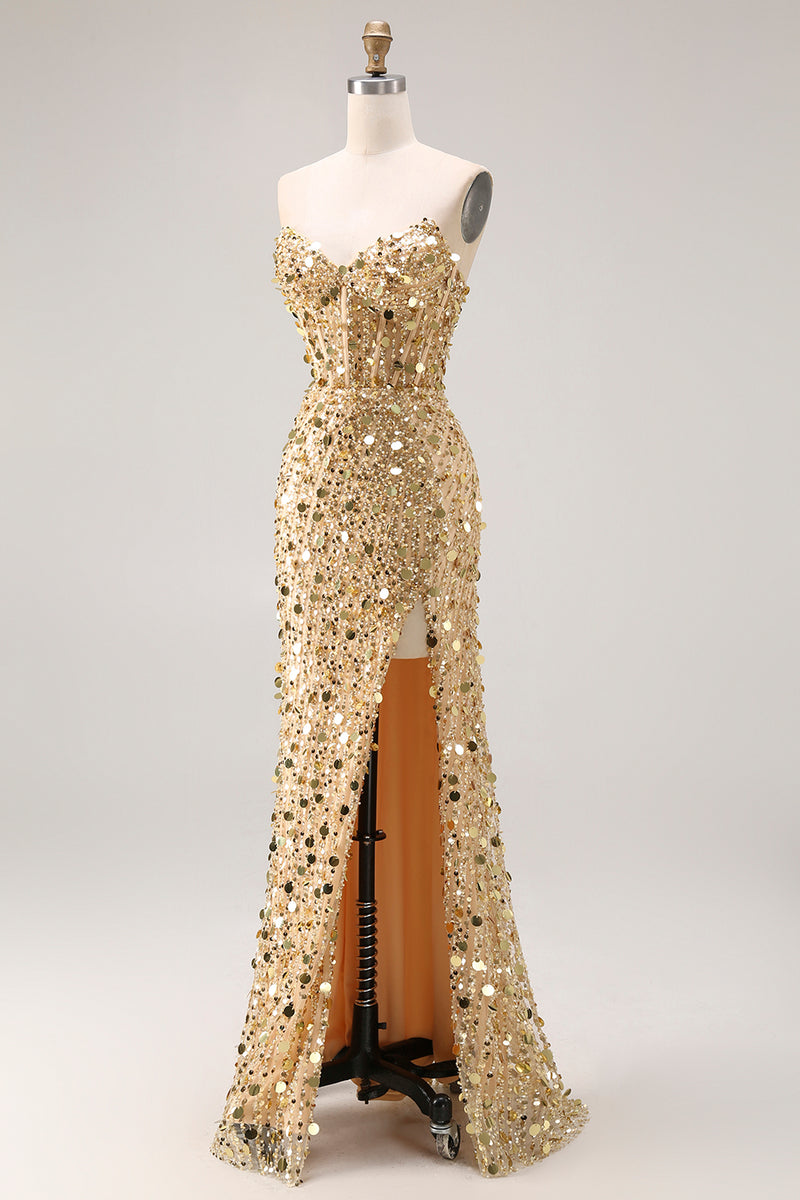 Load image into Gallery viewer, Sparkly Champagne Beaded Long Corset Prom Dress with Slit