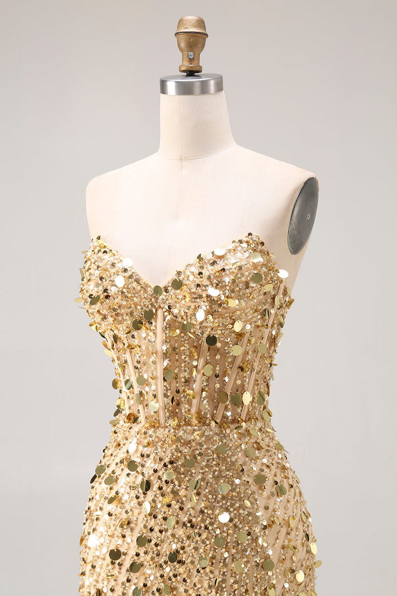 Load image into Gallery viewer, Sparkly Mermaid Golden Long Corset Prom Dress with Slit