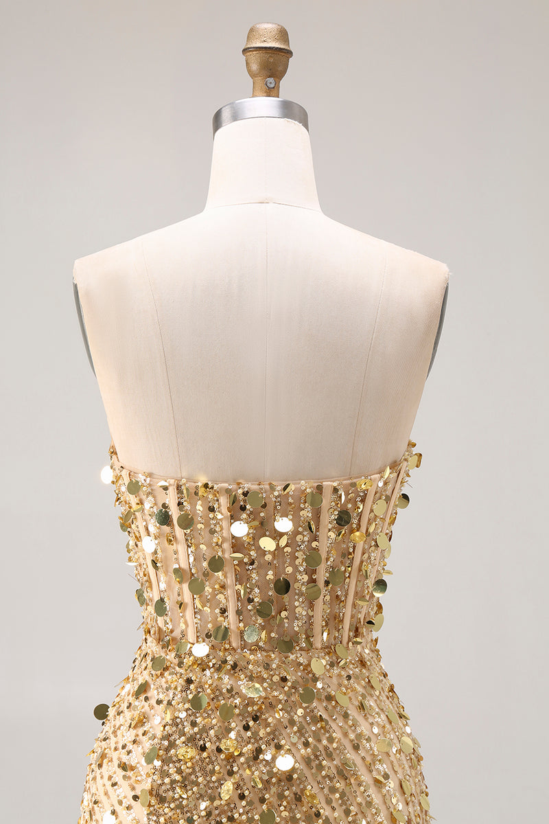 Load image into Gallery viewer, Sparkly Champagne Beaded Long Corset Prom Dress with Slit