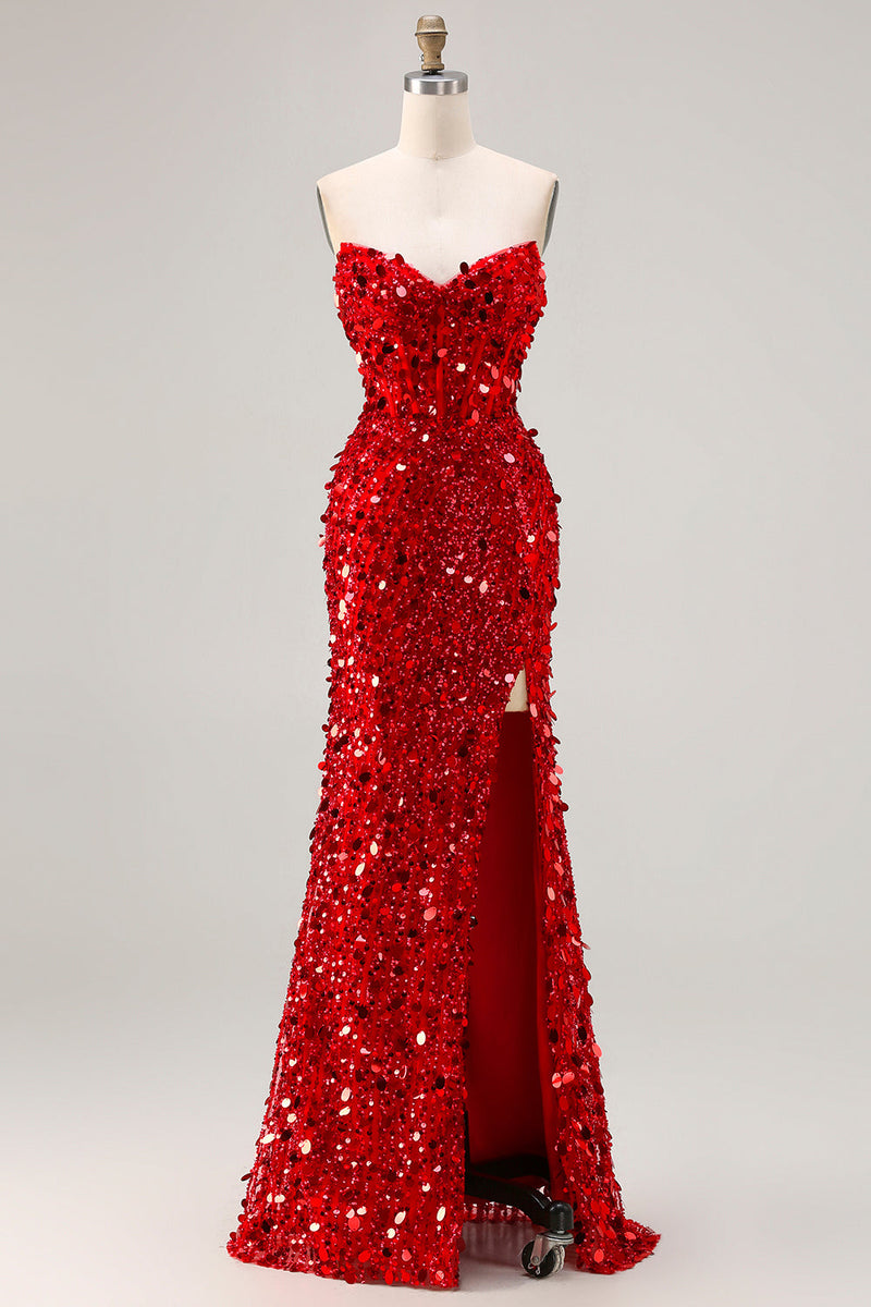 Load image into Gallery viewer, Sparkly Red Mermaid Beaded Long Corset Prom Dress with Slit