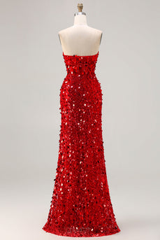 Sparkly Red Mermaid Beaded Long Corset Prom Dress with Slit