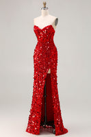 Load image into Gallery viewer, Sparkly Red Mermaid Beaded Long Corset Prom Dress with Slit