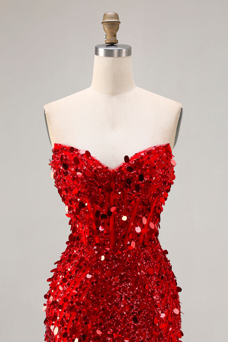 Load image into Gallery viewer, Sparkly Red Mermaid Beaded Long Corset Prom Dress with Slit