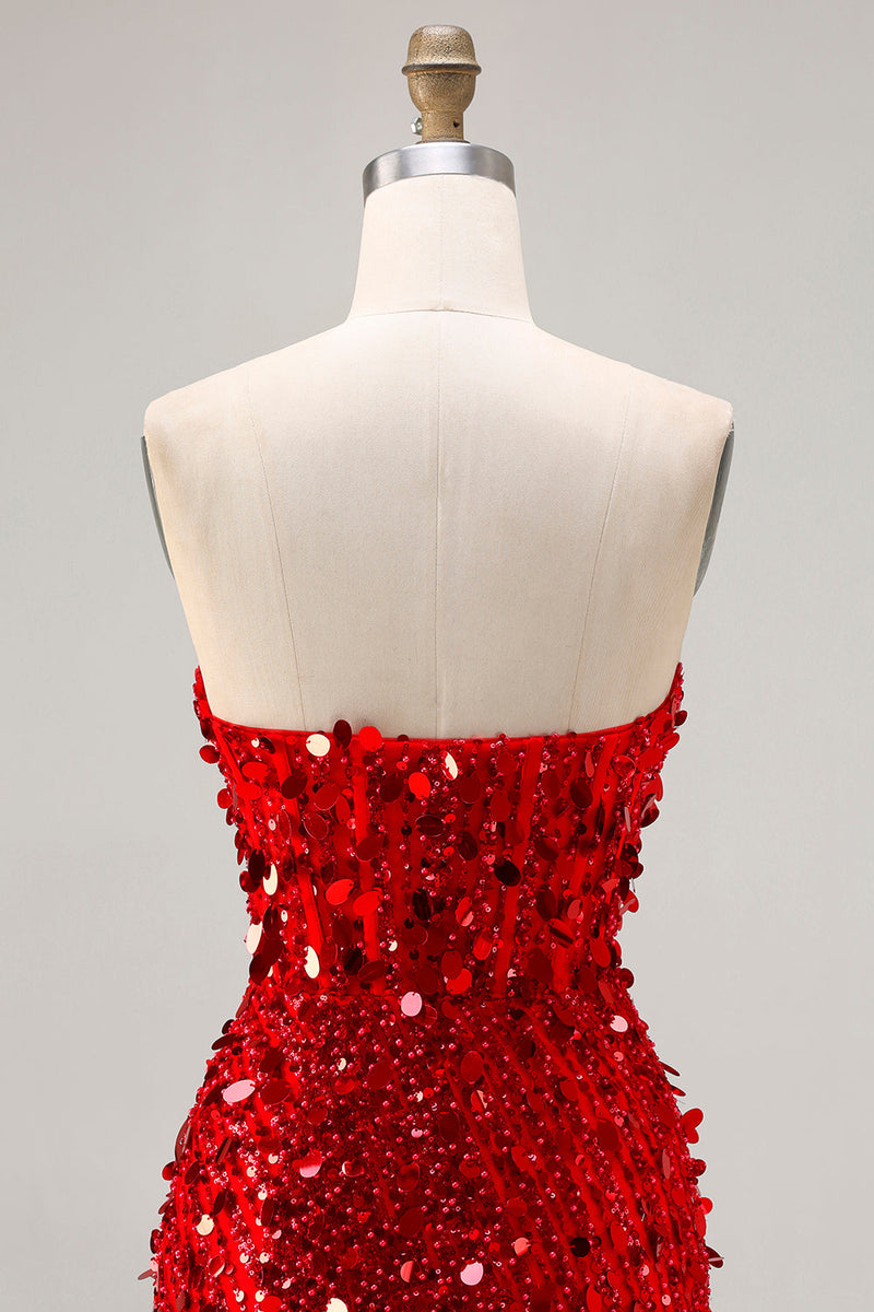 Load image into Gallery viewer, Sparkly Red Mermaid Beaded Long Corset Prom Dress with Slit