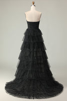 Load image into Gallery viewer, Black and White Polka Dots Corset Ruffled Maxi Prom Dress with Slit