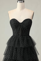 Load image into Gallery viewer, Black and White Polka Dots Corset Ruffled Maxi Prom Dress with Slit