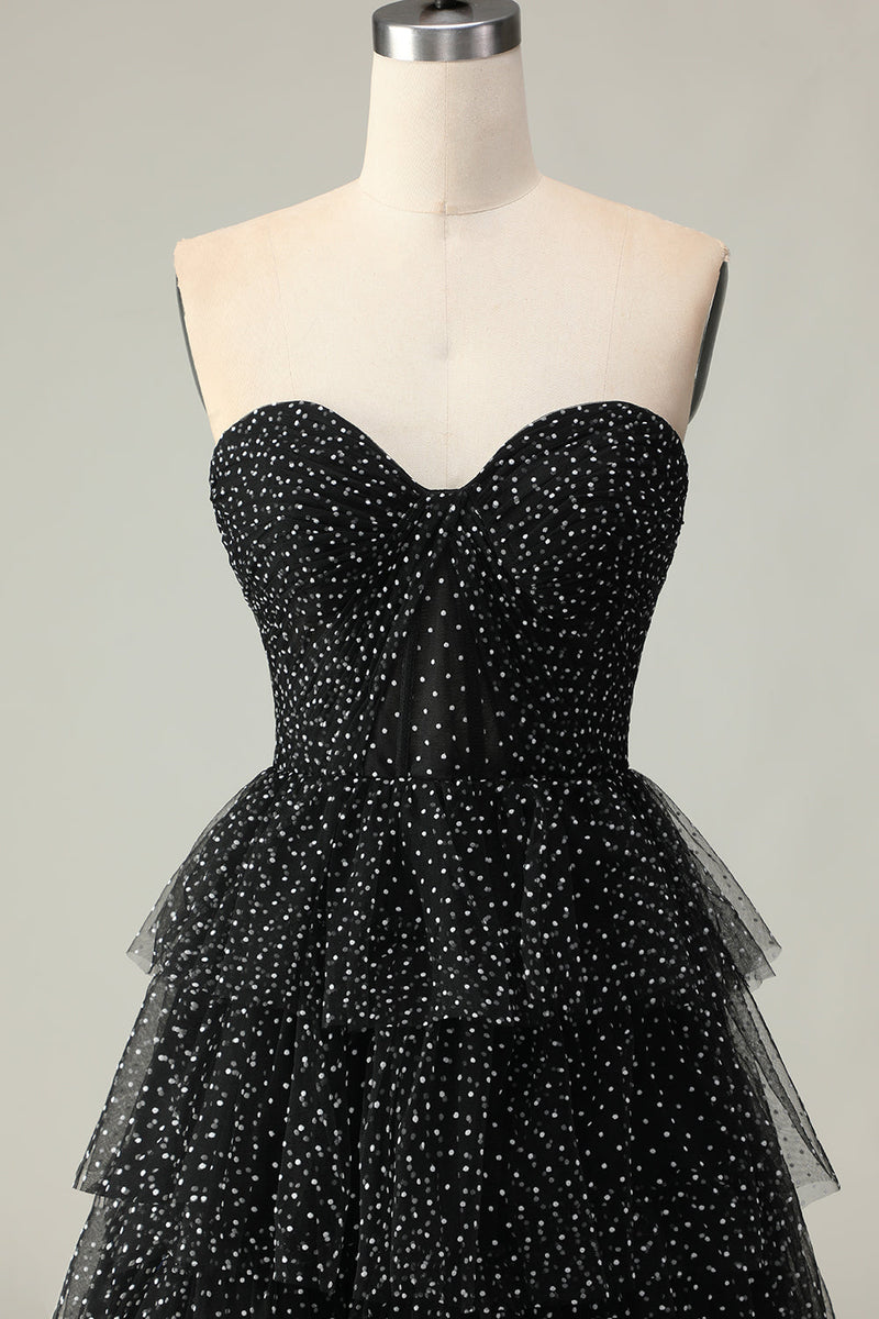 Load image into Gallery viewer, Black and White Polka Dots Corset Ruffled Maxi Prom Dress with Slit