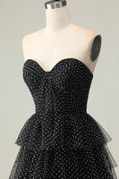 Load image into Gallery viewer, Black and White Polka Dots Corset Ruffled Maxi Prom Dress with Slit