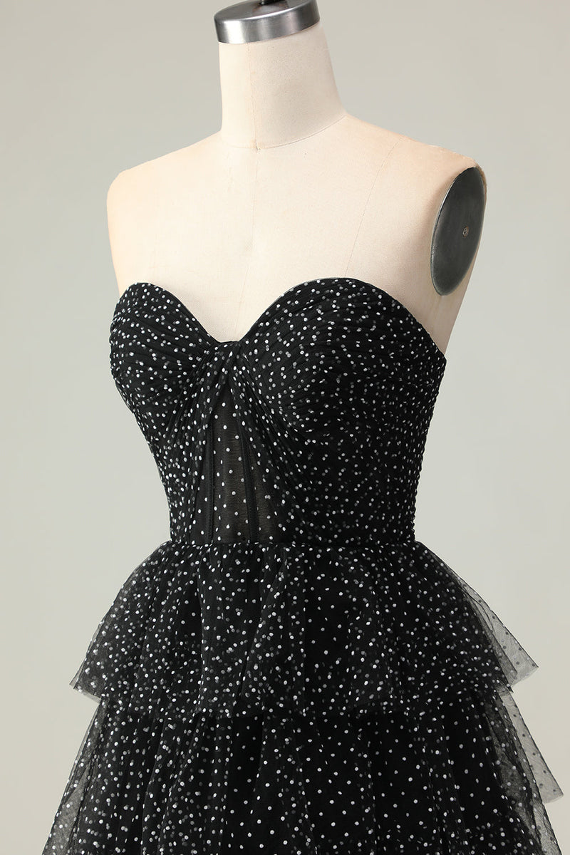 Load image into Gallery viewer, Black and White Polka Dots Corset Ruffled Maxi Prom Dress with Slit
