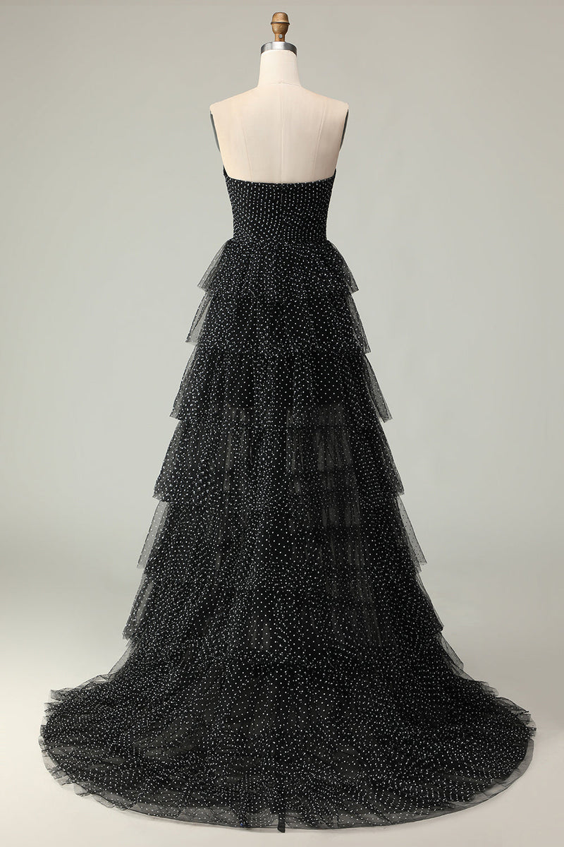 Load image into Gallery viewer, Black and White Polka Dots Corset Ruffled Maxi Prom Dress with Slit