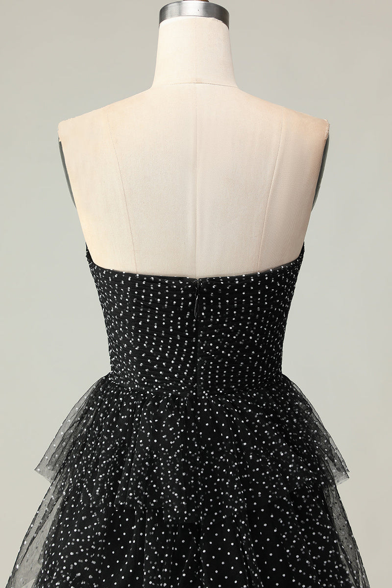 Load image into Gallery viewer, Black and White Polka Dots Corset Ruffled Maxi Prom Dress with Slit