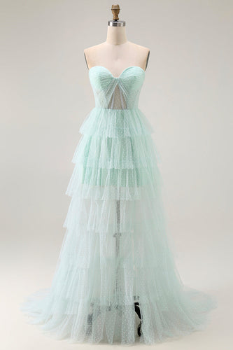 Light Green Tiered Maxi Sweetheart Prom Dress with Slit