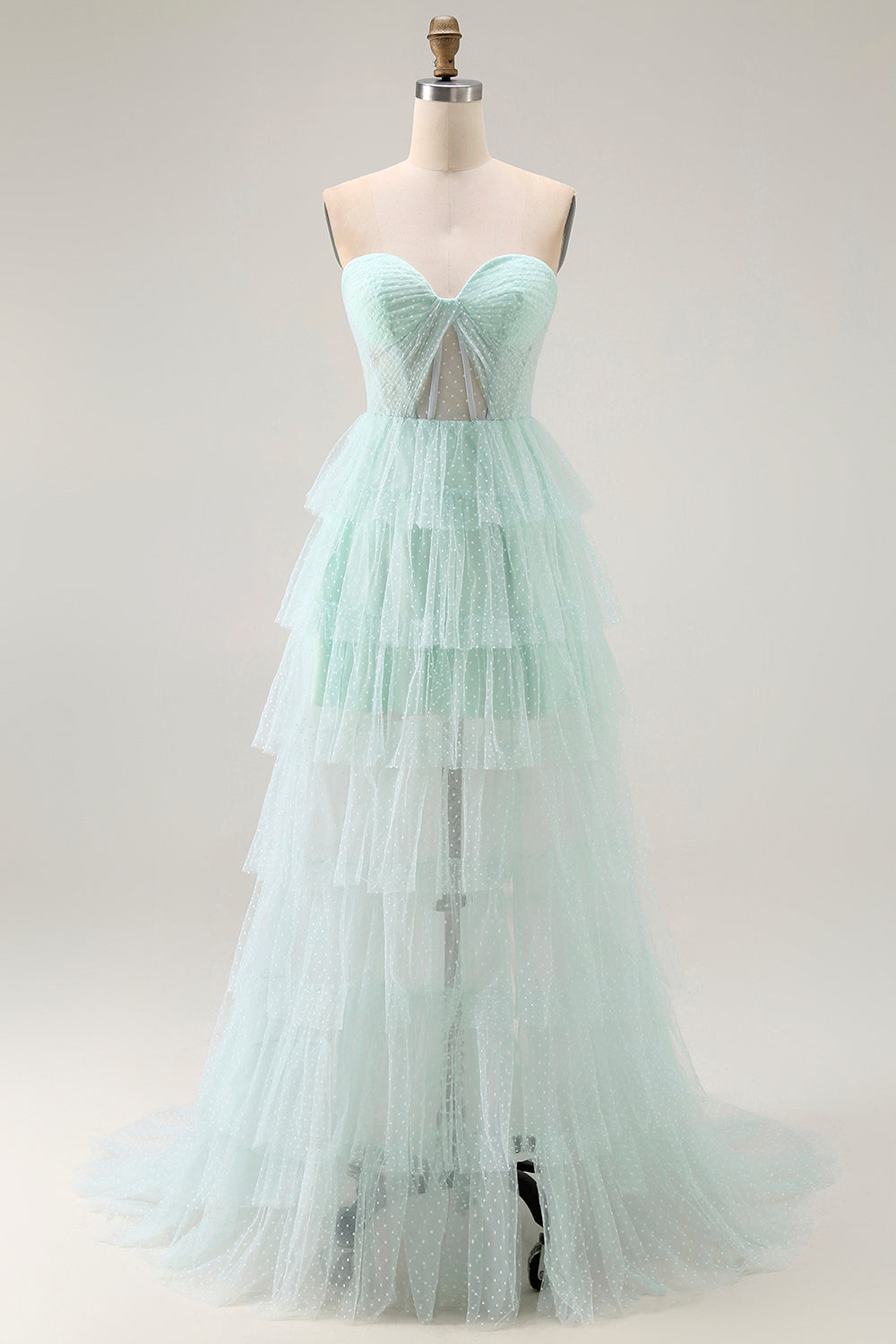 Light Green Tiered Maxi Sweetheart Prom Dress with Slit