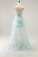 Load image into Gallery viewer, Light Green Tiered Maxi Sweetheart Prom Dress with Slit
