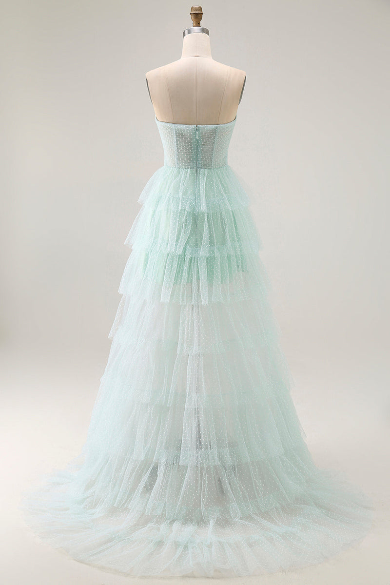 Load image into Gallery viewer, Light Green Tiered Maxi Sweetheart Prom Dress with Slit