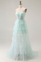 Load image into Gallery viewer, Light Green Tiered Maxi Sweetheart Prom Dress with Slit