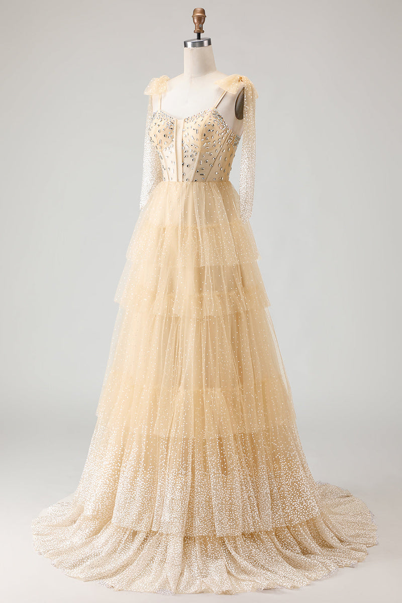 Load image into Gallery viewer, Sparkly Apricot Polka Dots Beaded Tiered Long Corset Prom Dress with Bows