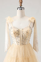 Load image into Gallery viewer, Sparkly Apricot Polka Dots Beaded Tiered Long Corset Prom Dress with Bows
