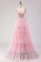 Load image into Gallery viewer, Sparkly Pink Tulle Tiered Polka Dots Long Corset Prom Dress with Beading