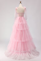 Load image into Gallery viewer, Sparkly Pink Tulle Tiered Polka Dots Long Corset Prom Dress with Beading
