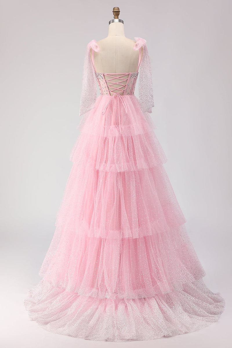 Load image into Gallery viewer, Sparkly Pink Tulle Tiered Polka Dots Long Corset Prom Dress with Beading