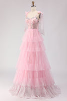 Load image into Gallery viewer, Sparkly Pink Tulle Tiered Polka Dots Long Corset Prom Dress with Beading