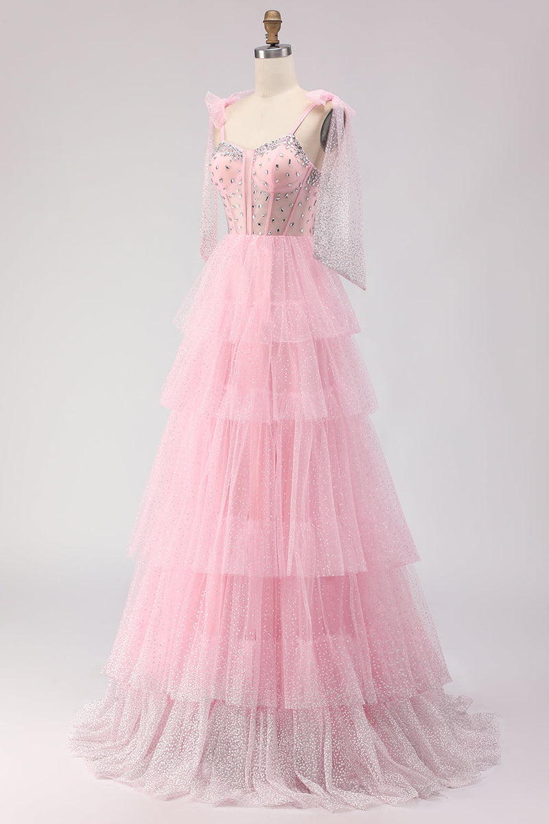 Load image into Gallery viewer, Sparkly Pink Tulle Tiered Polka Dots Long Corset Prom Dress with Beading