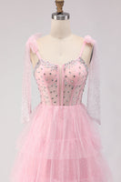 Load image into Gallery viewer, Sparkly Pink Tulle Tiered Polka Dots Long Corset Prom Dress with Beading