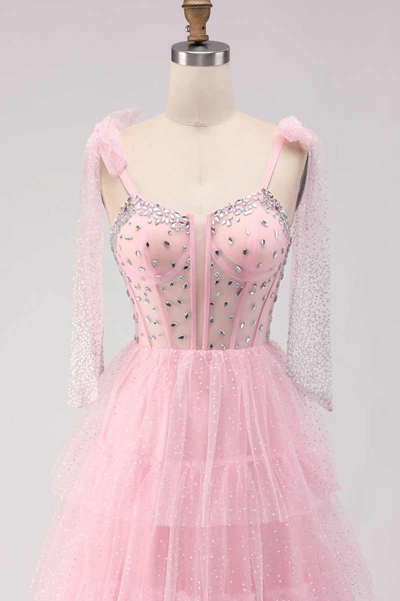 Load image into Gallery viewer, Sparkly Pink Tulle Tiered Polka Dots Long Corset Prom Dress with Beading