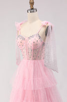 Load image into Gallery viewer, Sparkly Pink Tulle Tiered Polka Dots Long Corset Prom Dress with Beading