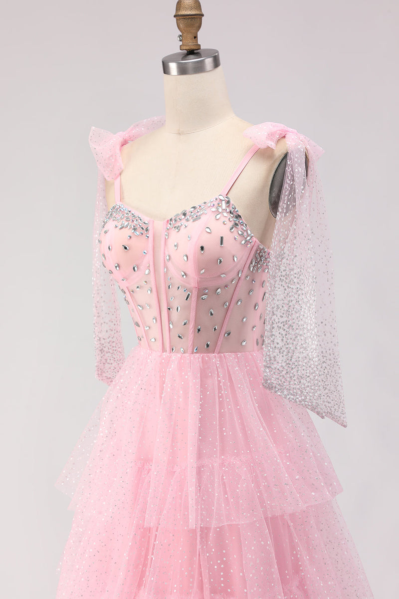 Load image into Gallery viewer, Sparkly Pink Tulle Tiered Polka Dots Long Corset Prom Dress with Beading