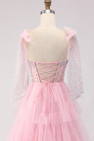 Load image into Gallery viewer, Sparkly Pink Tulle Tiered Polka Dots Long Corset Prom Dress with Beading