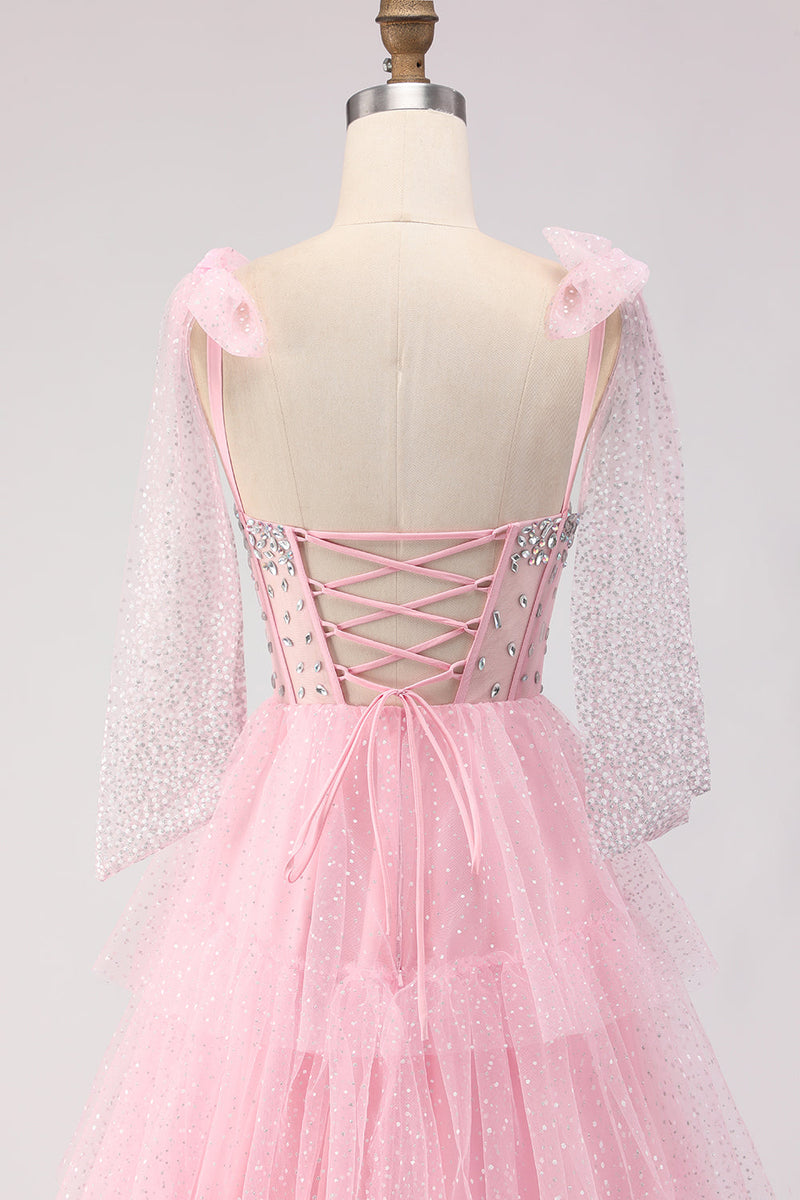 Load image into Gallery viewer, Sparkly Pink Tulle Tiered Polka Dots Long Corset Prom Dress with Beading