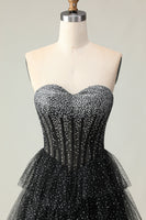 Load image into Gallery viewer, Sparkly Black and White Polka Dots Sweetheart Long Corset Prom Dress with Ruffles