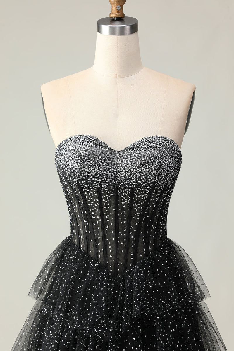 Load image into Gallery viewer, Sparkly Black and White Polka Dots Sweetheart Long Corset Prom Dress with Ruffles