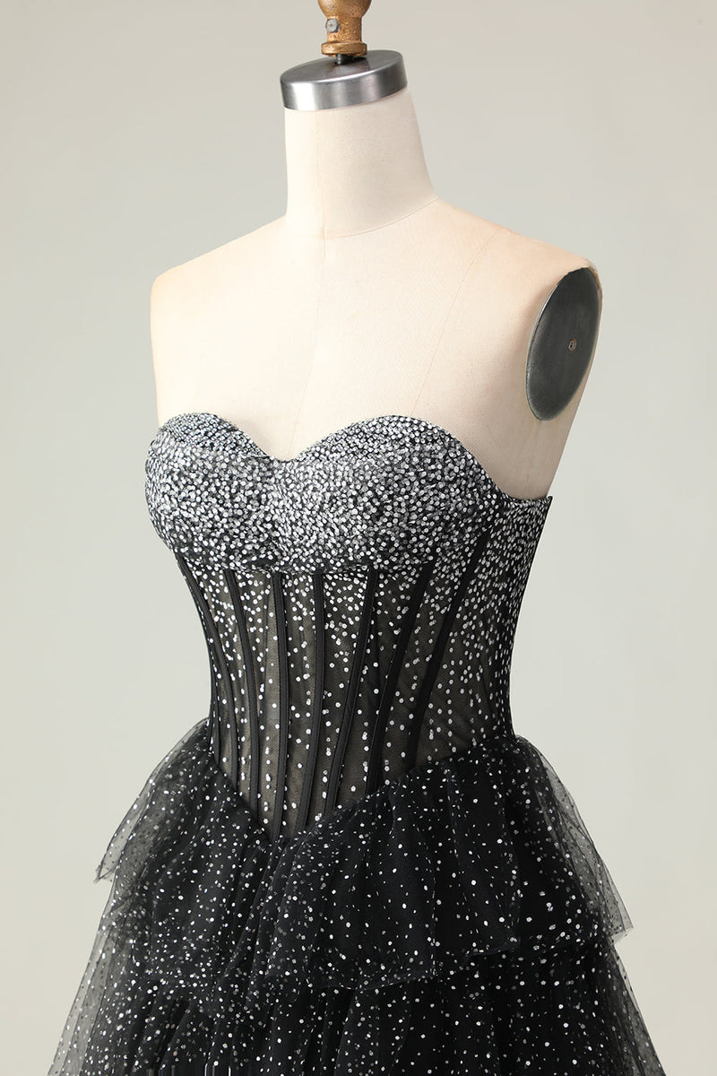 Load image into Gallery viewer, Sparkly Black and White Polka Dots Sweetheart Long Corset Prom Dress with Ruffles