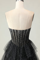 Load image into Gallery viewer, Sparkly Black and White Polka Dots Sweetheart Long Corset Prom Dress with Ruffles